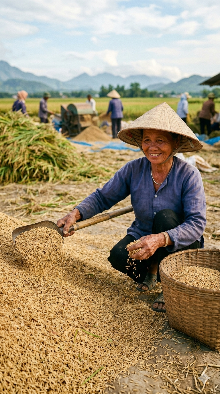 Woman sorting rice grain in a paddy field with mountains in the background